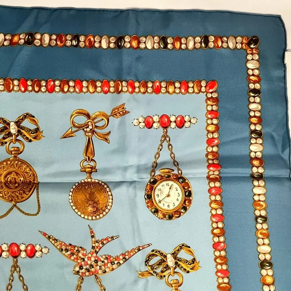 Christian Dior Silk Scarf Jewel & Watch Charm Pattern Blue 34.5